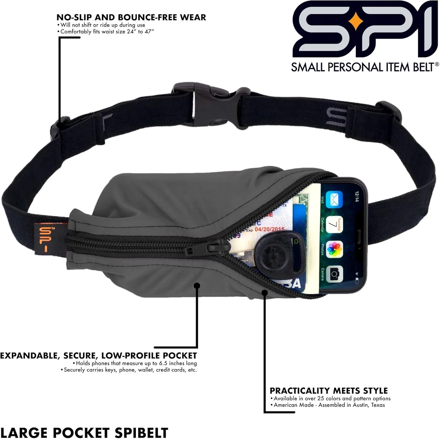 SPIbelt Original Pocket Running Belt for Women Men, Phone Holder for Running, Running Fanny Pack, Holder for Phone, Running Waist Pack, Expandable, Adjustable. Black with Blue Zipper