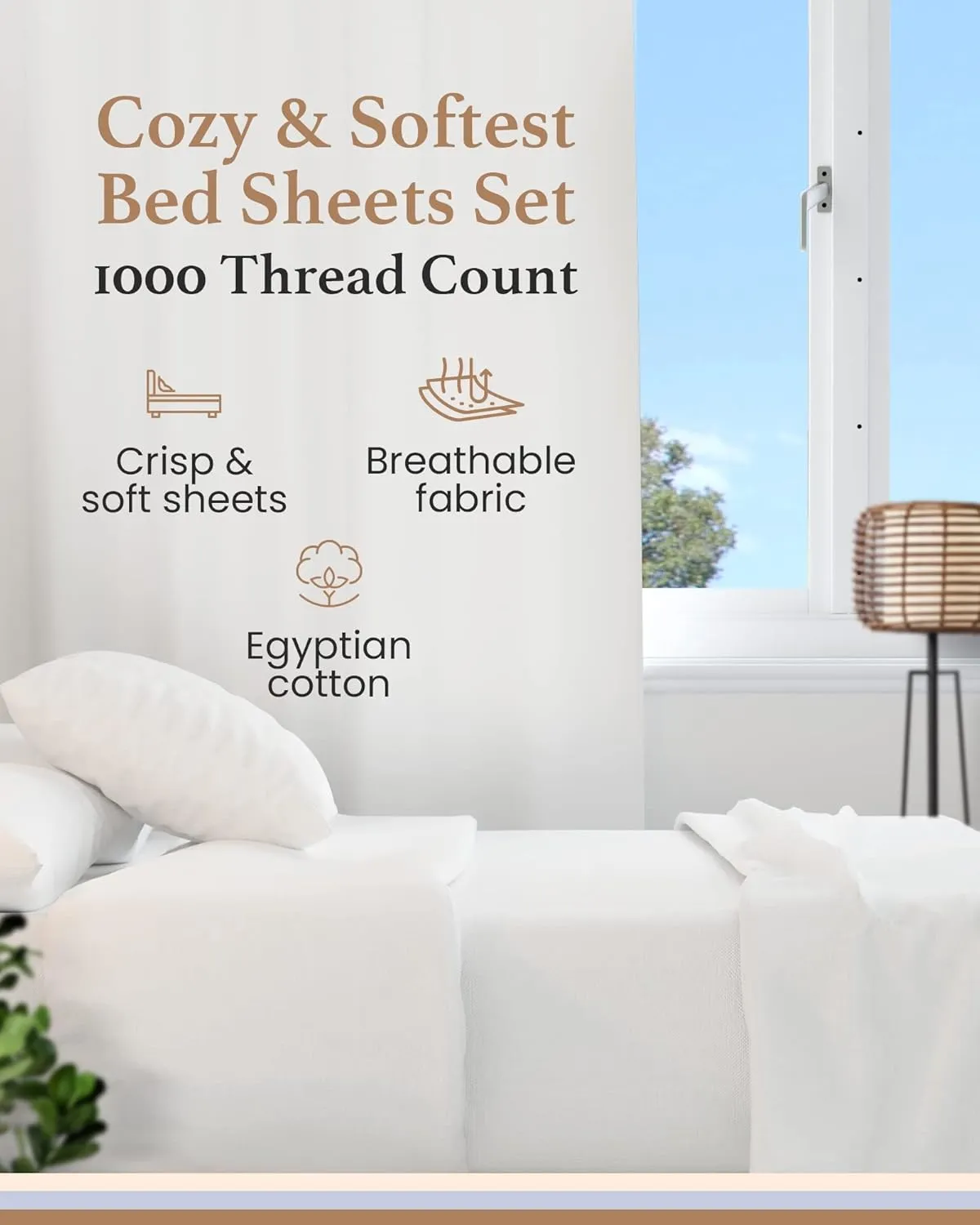 Split King Sheets Sets for Adjustable Bed Cotton, Luxury Sheets, 1000 TC Egyptian Cotton Sheets, 5 Piece 100% Cotton Split King Sheet Set, Sateen Sheets, 2 Fitted - 16" Deep Pocket, White
