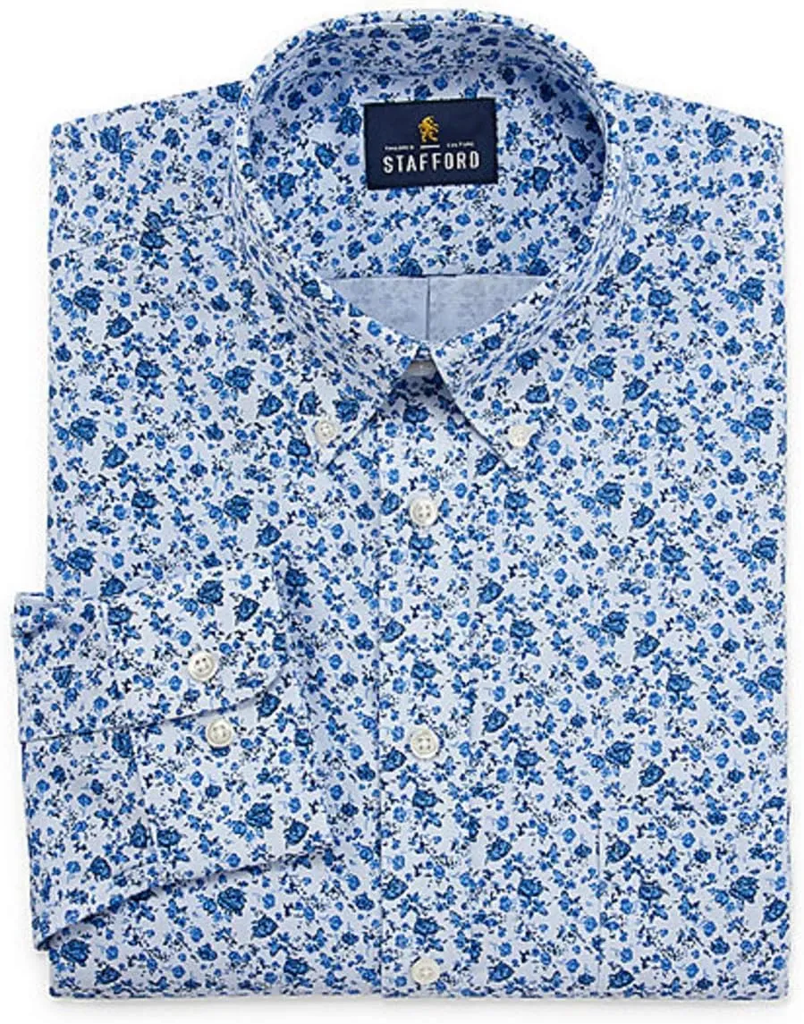 Stafford Travel Wrinkle-Free Stretch Oxford Long-Sleeve Dress Shirt Big (Blue Garden, 20/34-35)