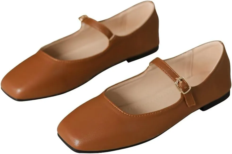Stunner Mary Jane Square Toe Black Ballet Flats for Women - Comfortable Ankle Strap Casual Slip On Flats