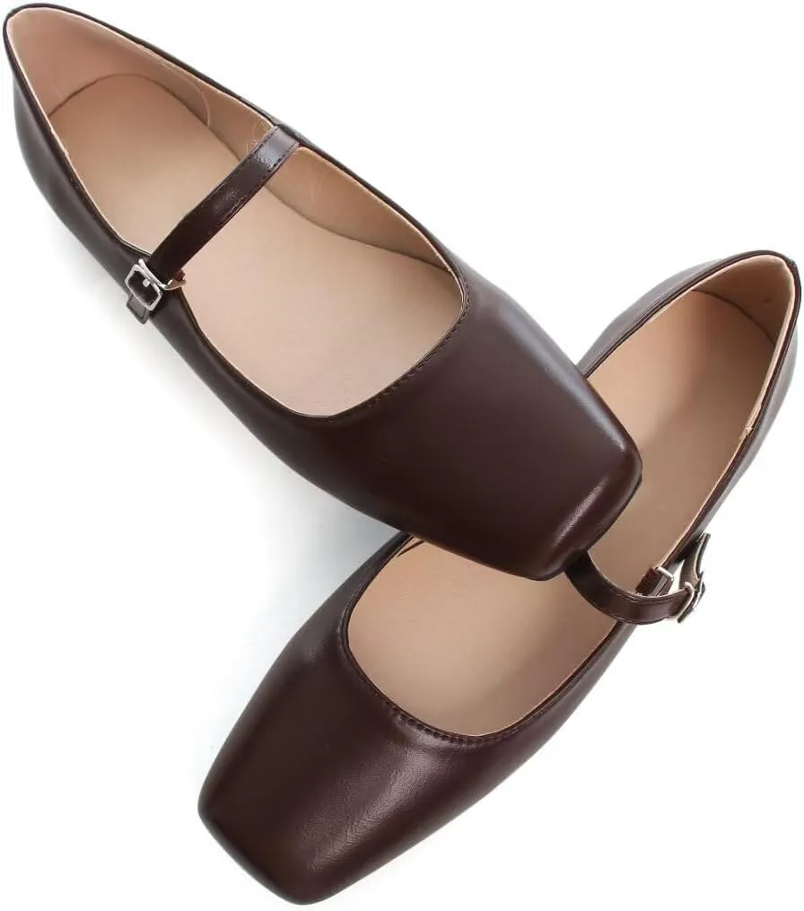 Stunner Mary Jane Square Toe Black Ballet Flats for Women - Comfortable Ankle Strap Casual Slip On Flats