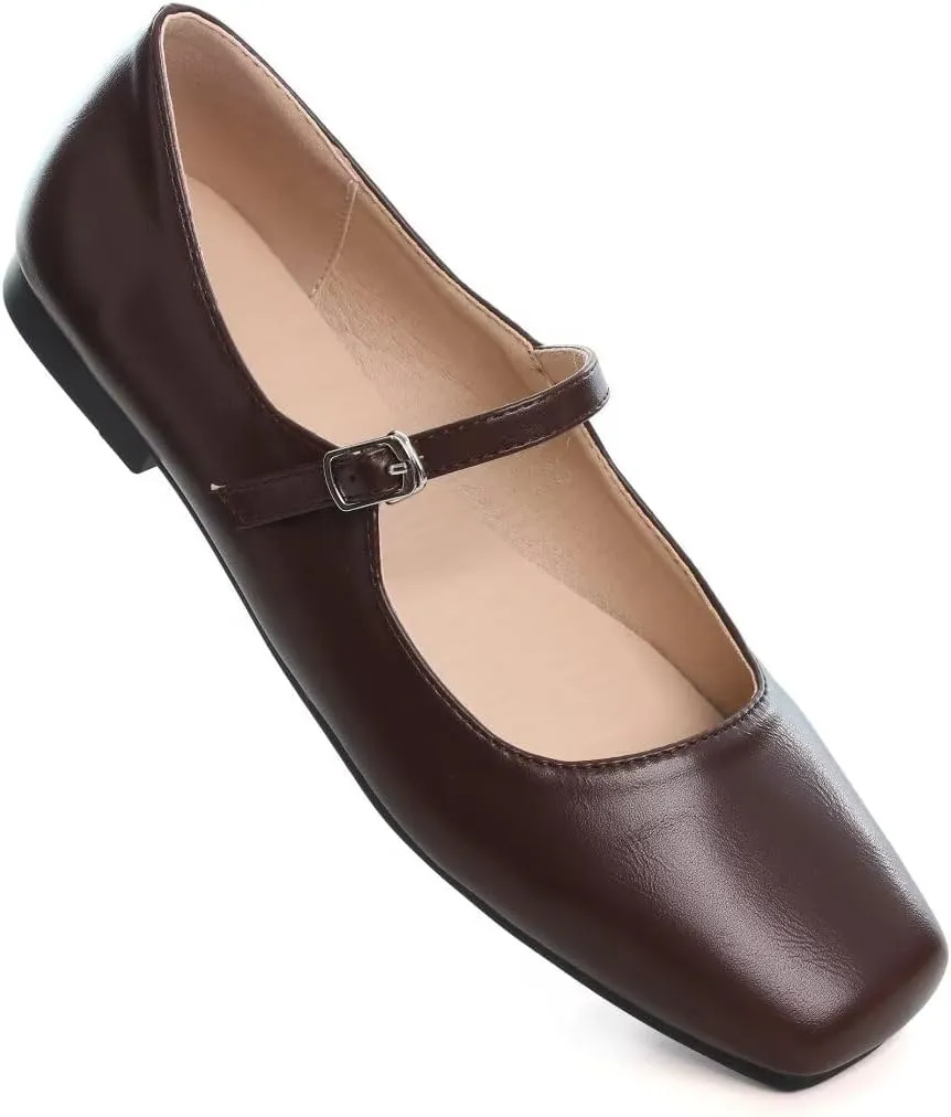 Stunner Mary Jane Square Toe Black Ballet Flats for Women - Comfortable Ankle Strap Casual Slip On Flats