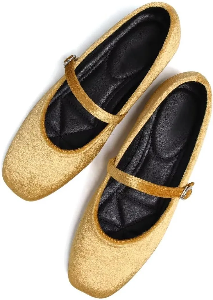 Stunner Mary Jane Square Toe Black Ballet Flats for Women - Comfortable Ankle Strap Casual Slip On Flats