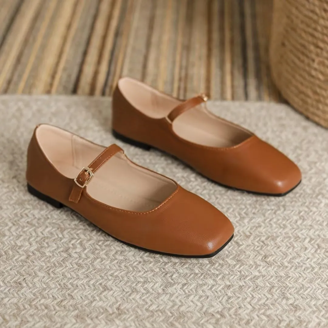 Stunner Mary Jane Square Toe Black Ballet Flats for Women - Comfortable Ankle Strap Casual Slip On Flats