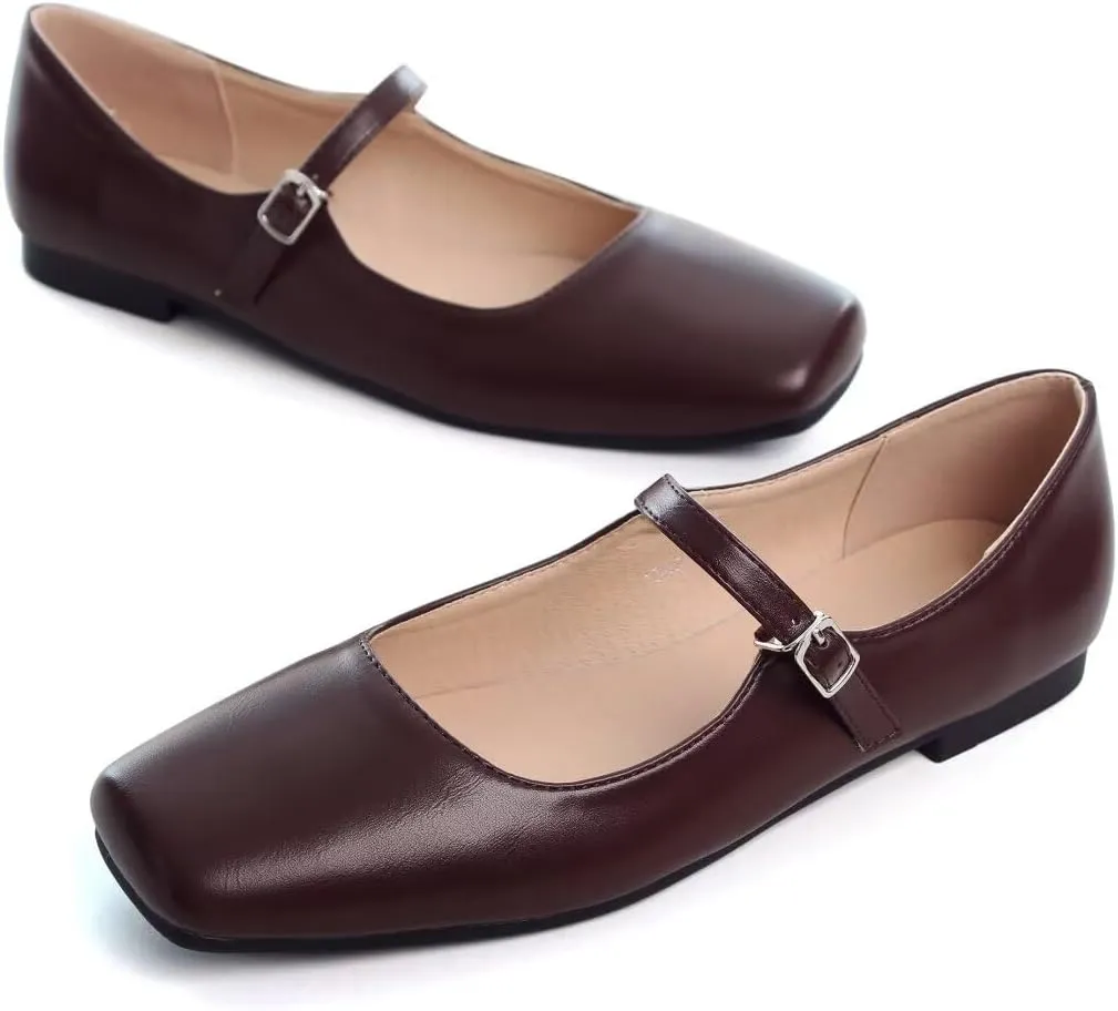 Stunner Mary Jane Square Toe Black Ballet Flats for Women - Comfortable Ankle Strap Casual Slip On Flats