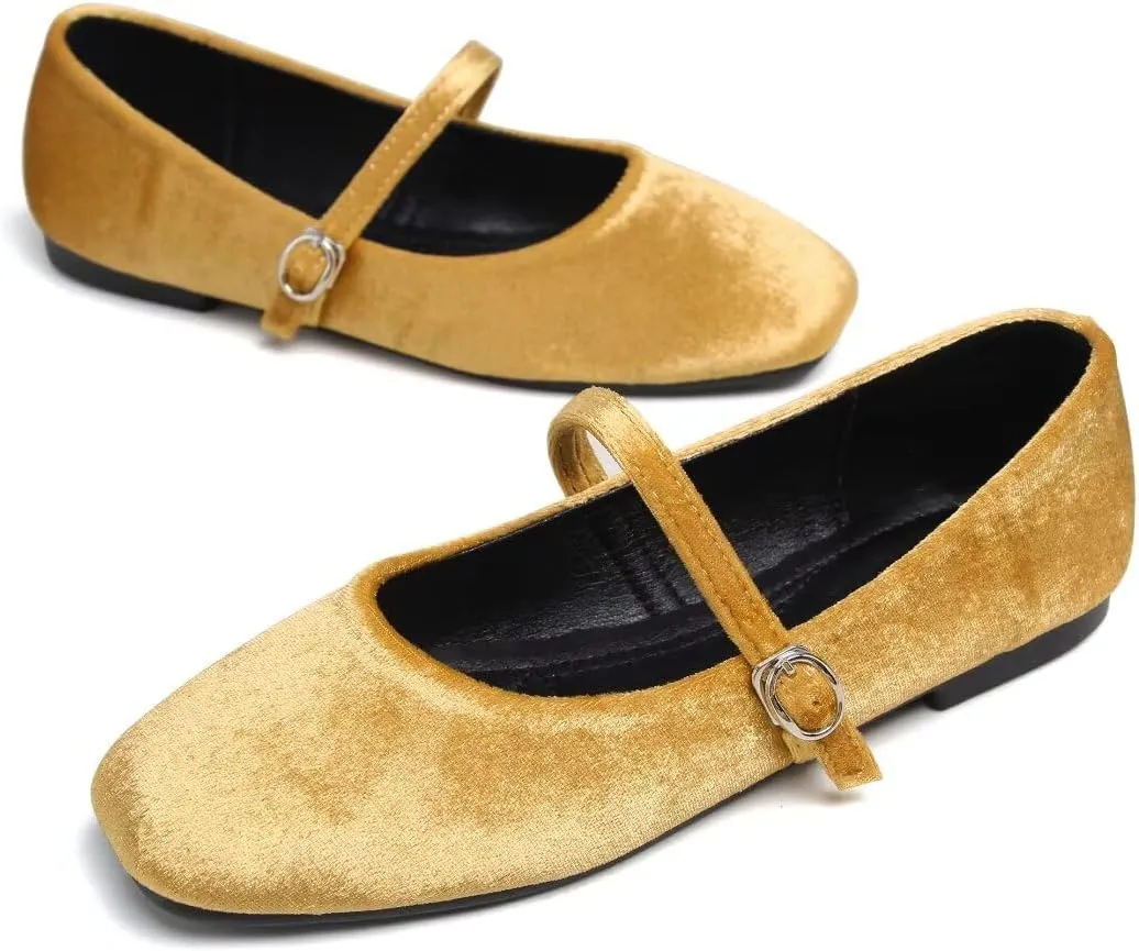 Stunner Mary Jane Square Toe Black Ballet Flats for Women - Comfortable Ankle Strap Casual Slip On Flats