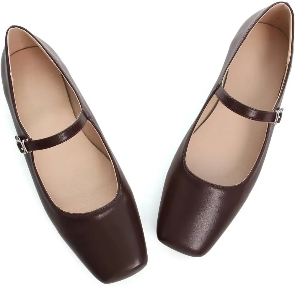 Stunner Mary Jane Square Toe Black Ballet Flats for Women - Comfortable Ankle Strap Casual Slip On Flats