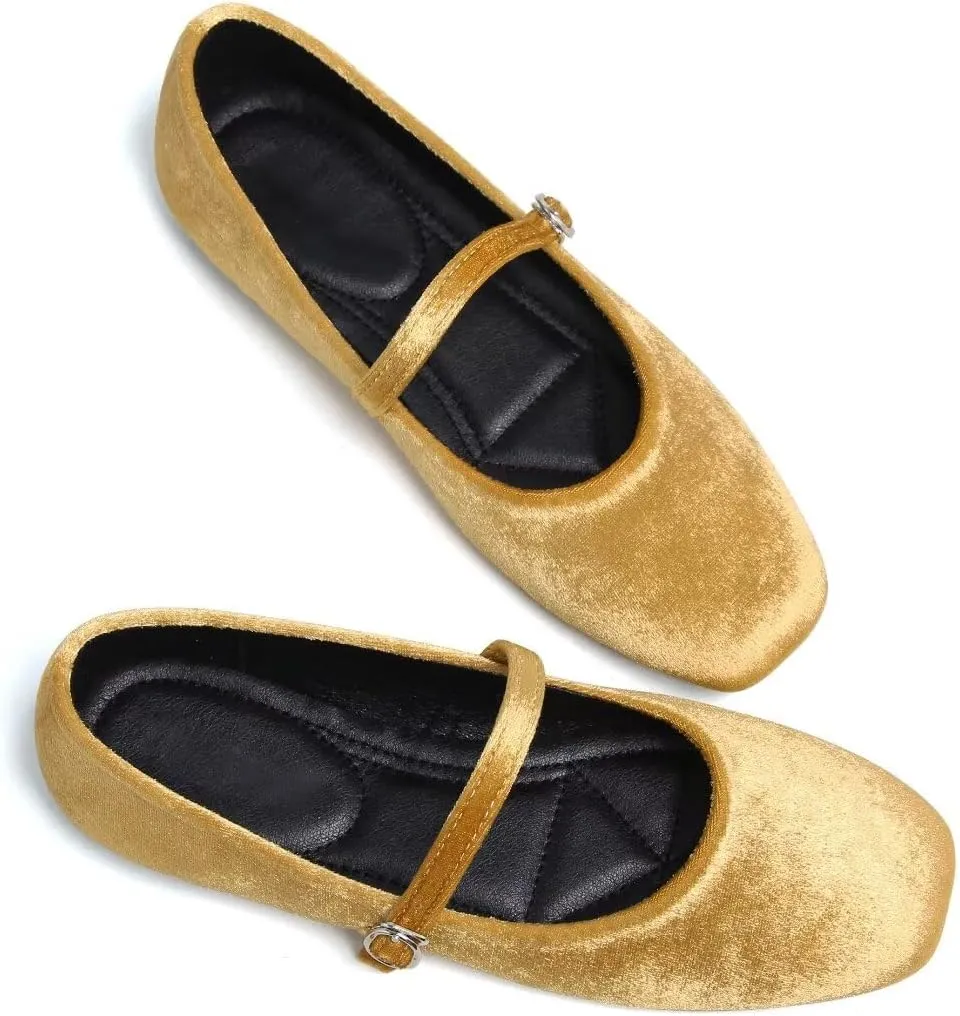 Stunner Mary Jane Square Toe Black Ballet Flats for Women - Comfortable Ankle Strap Casual Slip On Flats