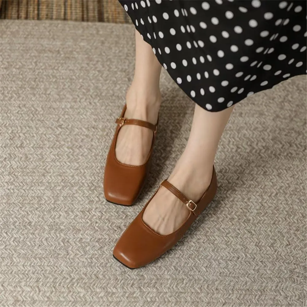 Stunner Mary Jane Square Toe Black Ballet Flats for Women - Comfortable Ankle Strap Casual Slip On Flats