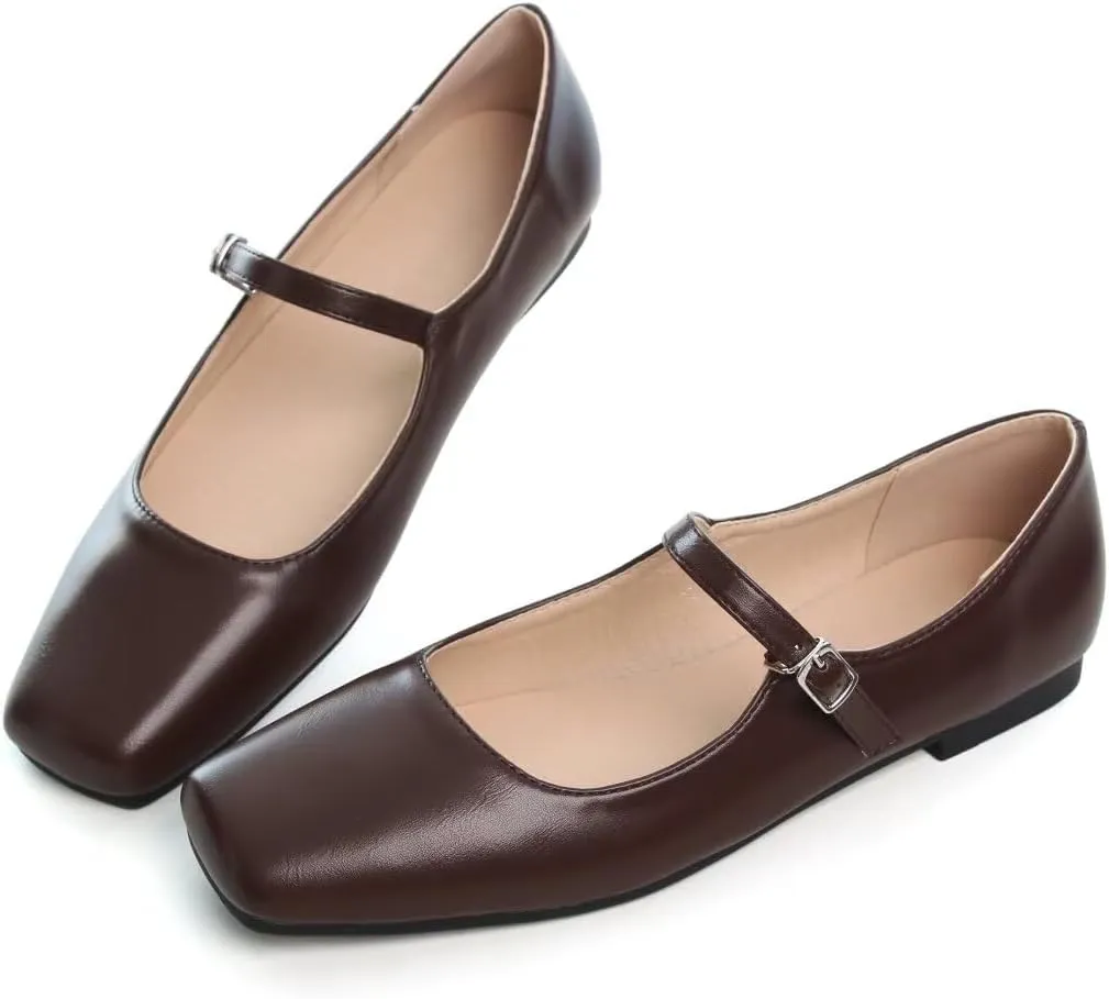 Stunner Mary Jane Square Toe Black Ballet Flats for Women - Comfortable Ankle Strap Casual Slip On Flats