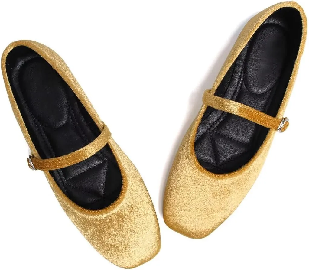 Stunner Mary Jane Square Toe Black Ballet Flats for Women - Comfortable Ankle Strap Casual Slip On Flats