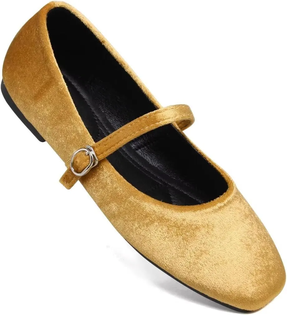 Stunner Mary Jane Square Toe Black Ballet Flats for Women - Comfortable Ankle Strap Casual Slip On Flats