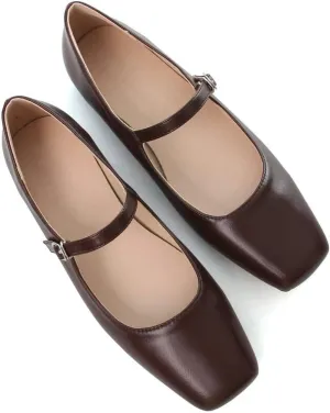 Stunner Mary Jane Square Toe Black Ballet Flats for Women - Comfortable Ankle Strap Casual Slip On Flats