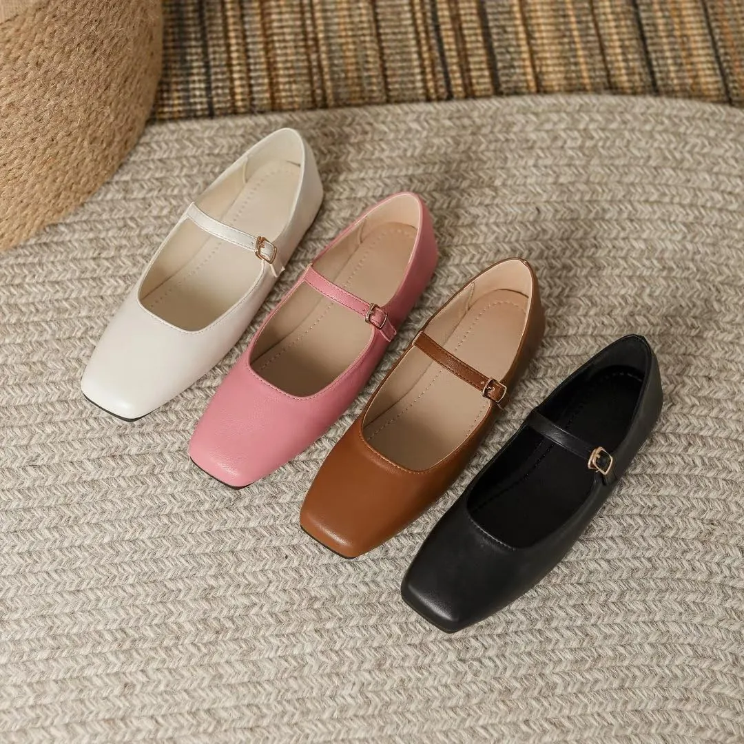 Stunner Mary Jane Square Toe Black Ballet Flats for Women - Comfortable Ankle Strap Casual Slip On Flats