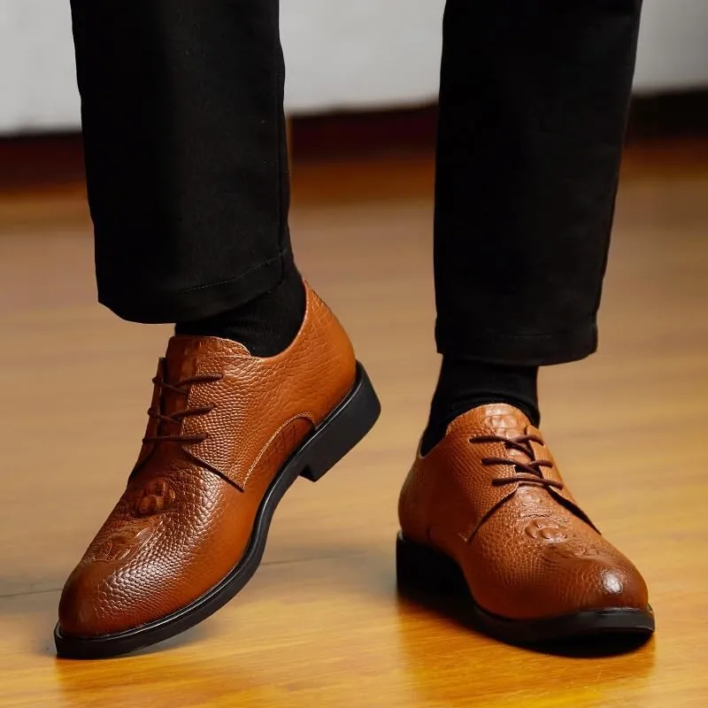 Stylish Luxury Men's Leather Shoes, Handmade Lace-Up Round Toe Dress Shoes for Wedding, Office & Business, Crocodile Pattern Oxford