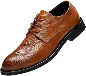 Stylish Luxury Men's Leather Shoes, Handmade Lace-Up Round Toe Dress Shoes for Wedding, Office & Business, Crocodile Pattern Oxford
