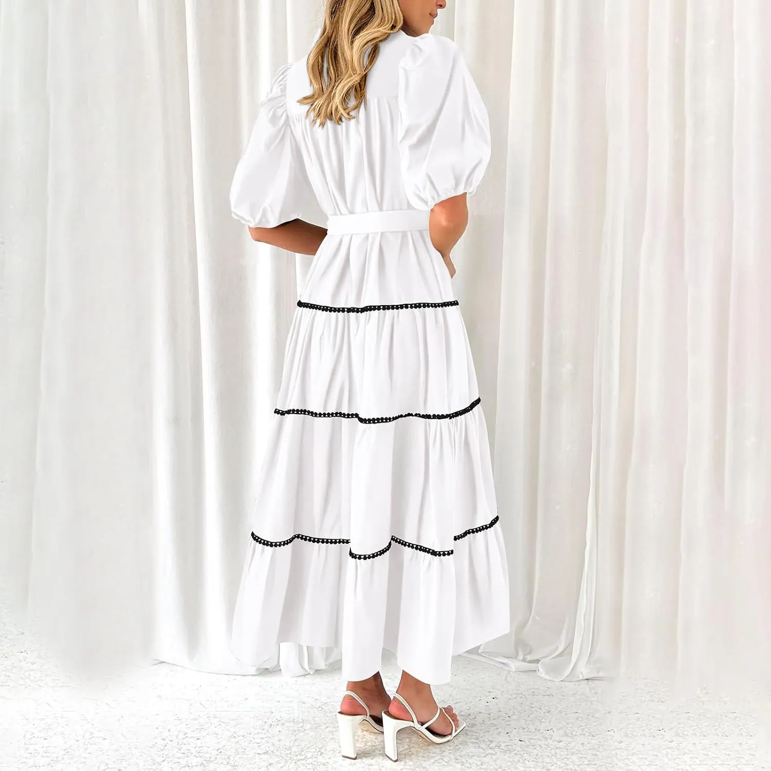 Summer Dresses for Women 2024 Casual Button Down A Line Dress V Neck Puff Sleeve Maxi Dress Trendy Summer Vacation Outfits