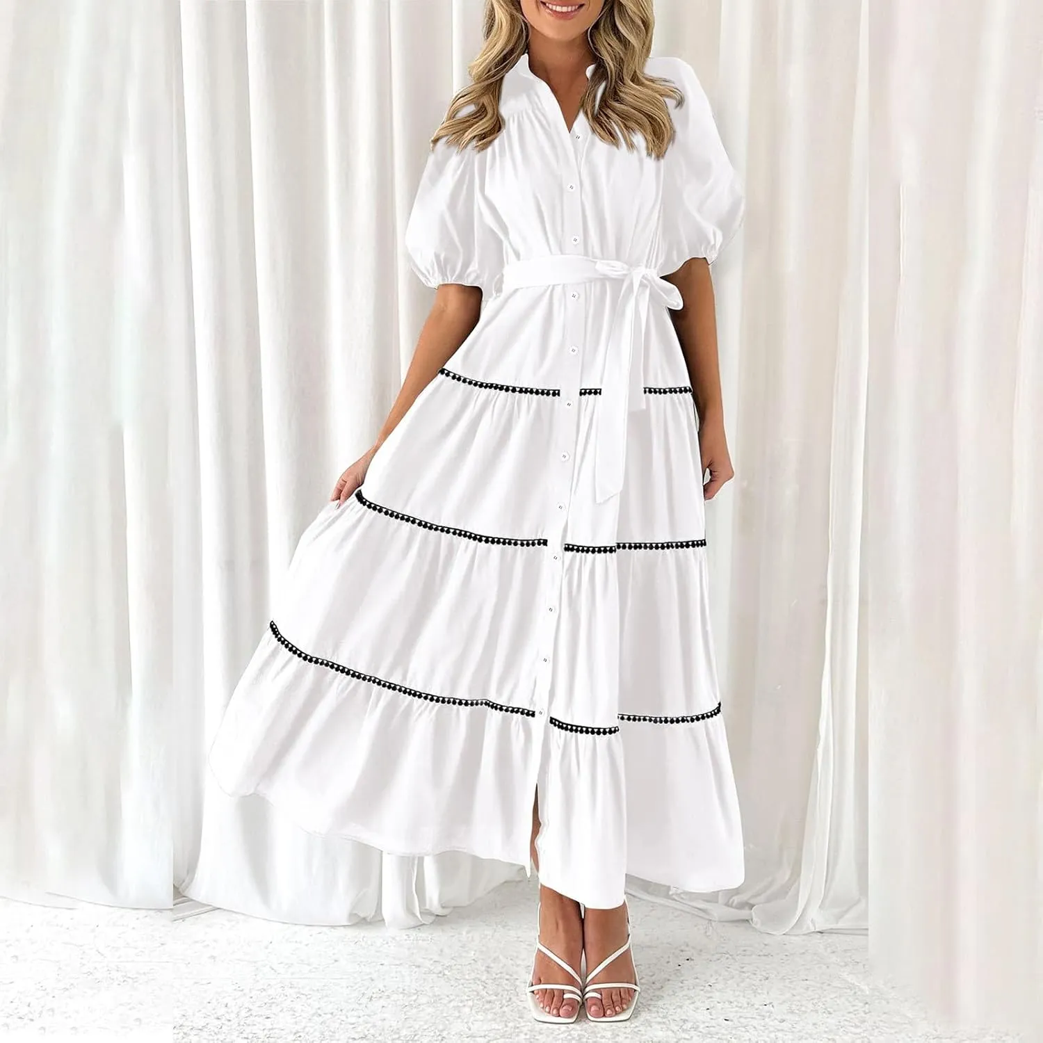 Summer Dresses for Women 2024 Casual Button Down A Line Dress V Neck Puff Sleeve Maxi Dress Trendy Summer Vacation Outfits