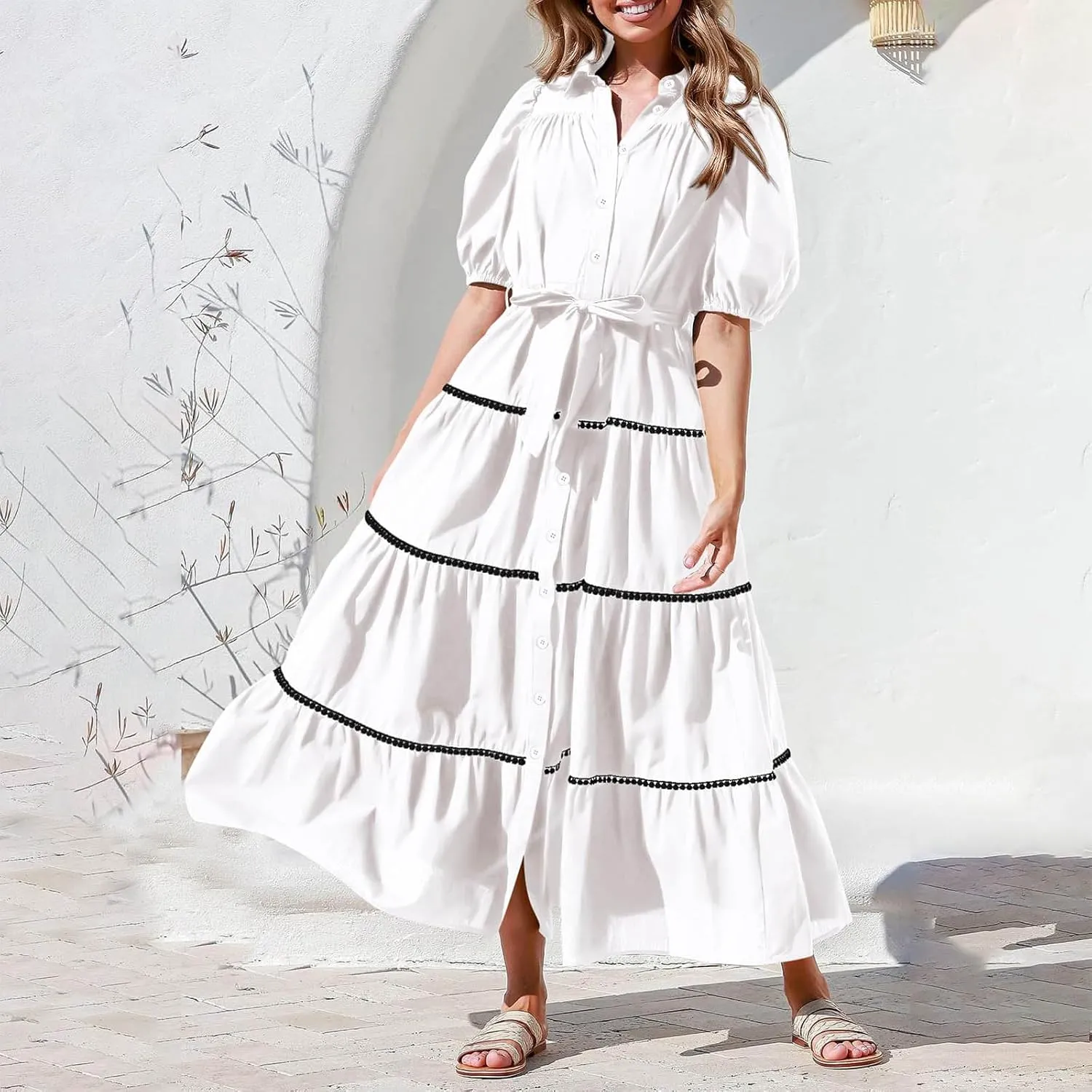 Summer Dresses for Women 2024 Casual Button Down A Line Dress V Neck Puff Sleeve Maxi Dress Trendy Summer Vacation Outfits
