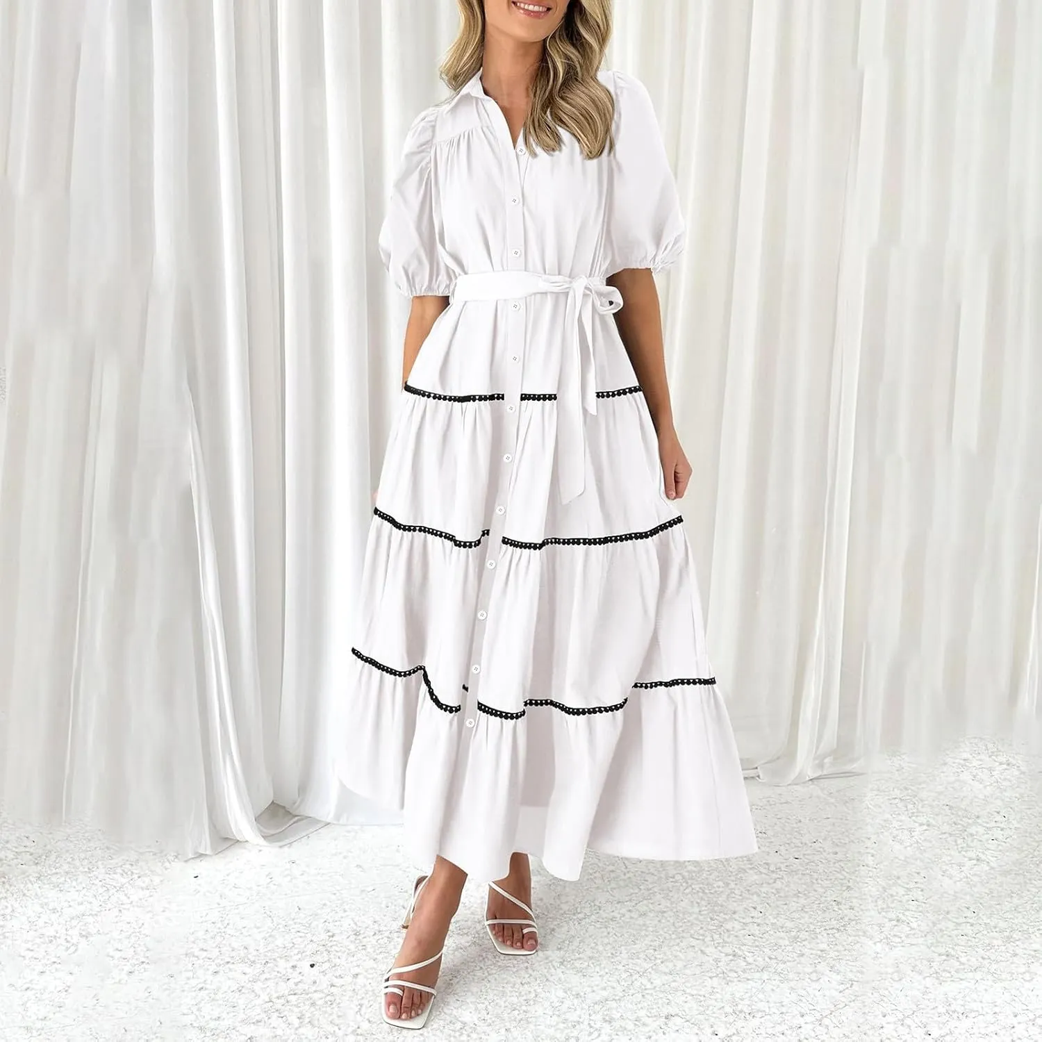 Summer Dresses for Women 2024 Casual Button Down A Line Dress V Neck Puff Sleeve Maxi Dress Trendy Summer Vacation Outfits