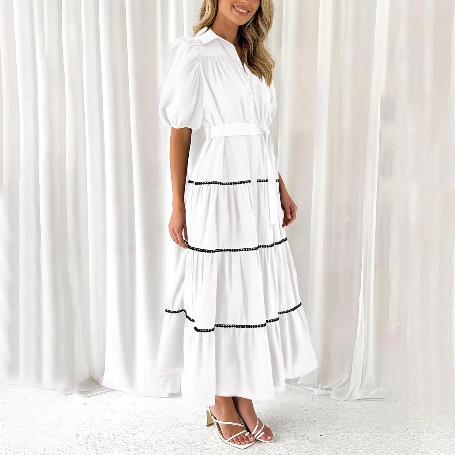 Summer Dresses for Women 2024 Casual Button Down A Line Dress V Neck Puff Sleeve Maxi Dress Trendy Summer Vacation Outfits