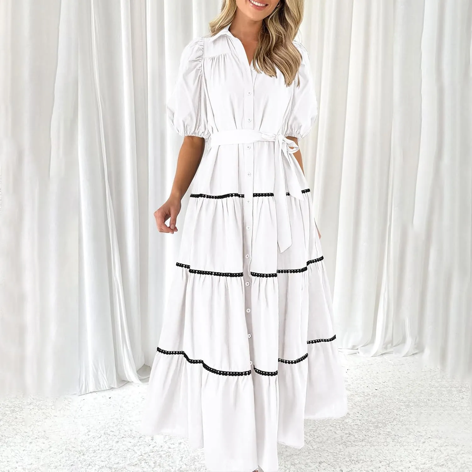 Summer Dresses for Women 2024 Casual Button Down A Line Dress V Neck Puff Sleeve Maxi Dress Trendy Summer Vacation Outfits