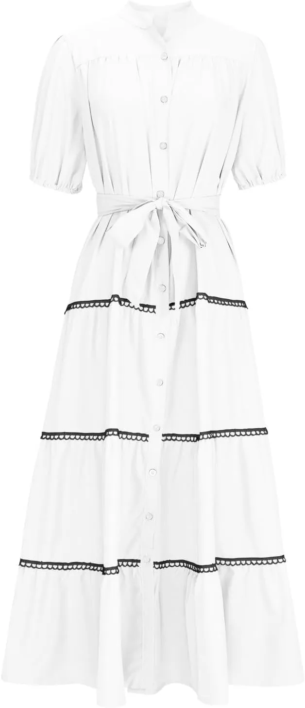 Summer Dresses for Women 2024 Casual Button Down A Line Dress V Neck Puff Sleeve Maxi Dress Trendy Summer Vacation Outfits
