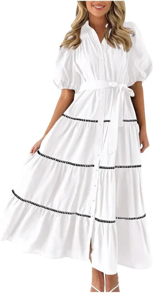 Summer Dresses for Women 2024 Casual Button Down A Line Dress V Neck Puff Sleeve Maxi Dress Trendy Summer Vacation Outfits