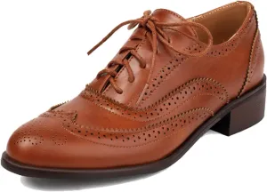 TDA Women's Perforated Wingtip Lace-up Synthetic Leather Dress Vintage Oxford Flat Shoes