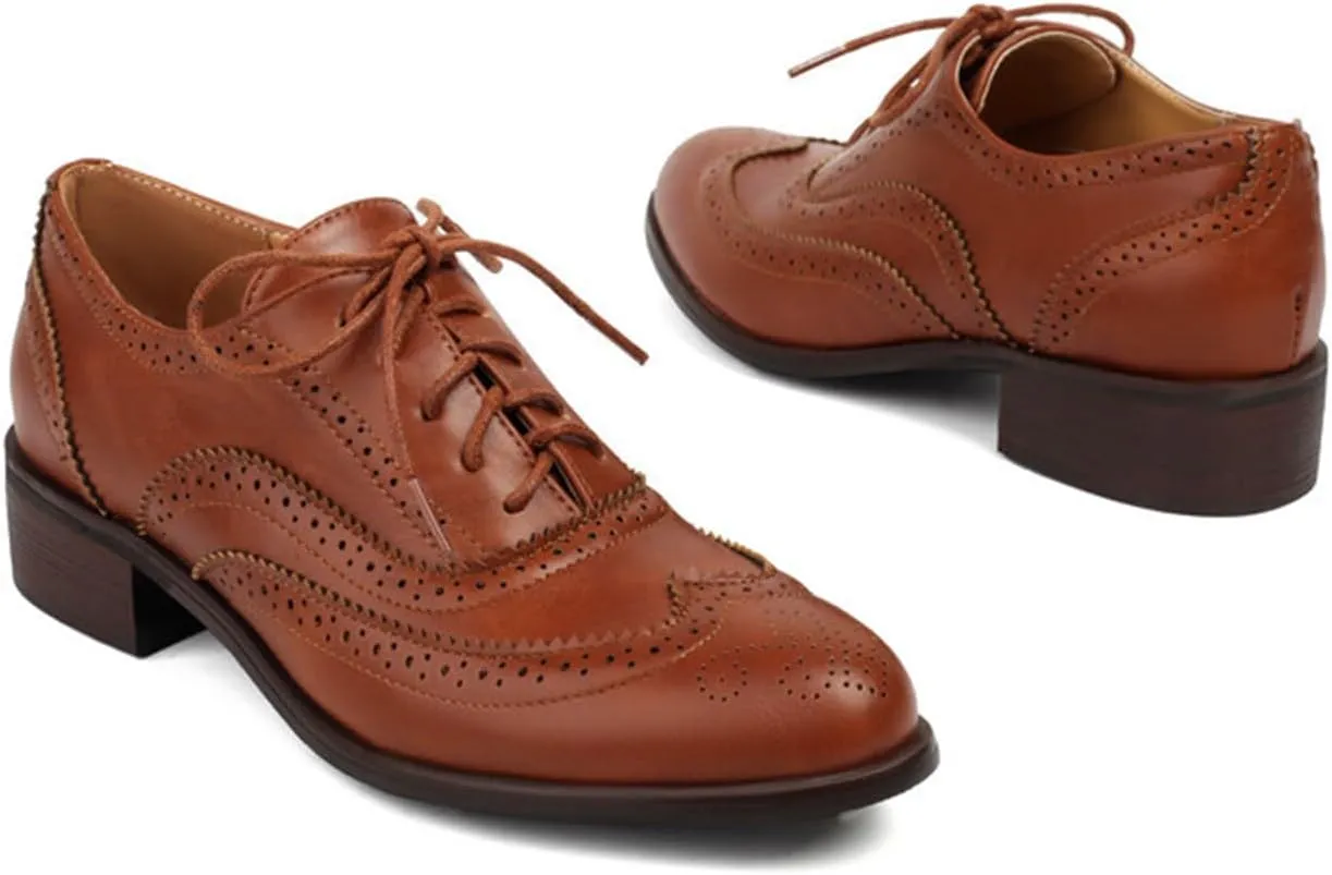 TDA Women's Perforated Wingtip Lace-up Synthetic Leather Dress Vintage Oxford Flat Shoes