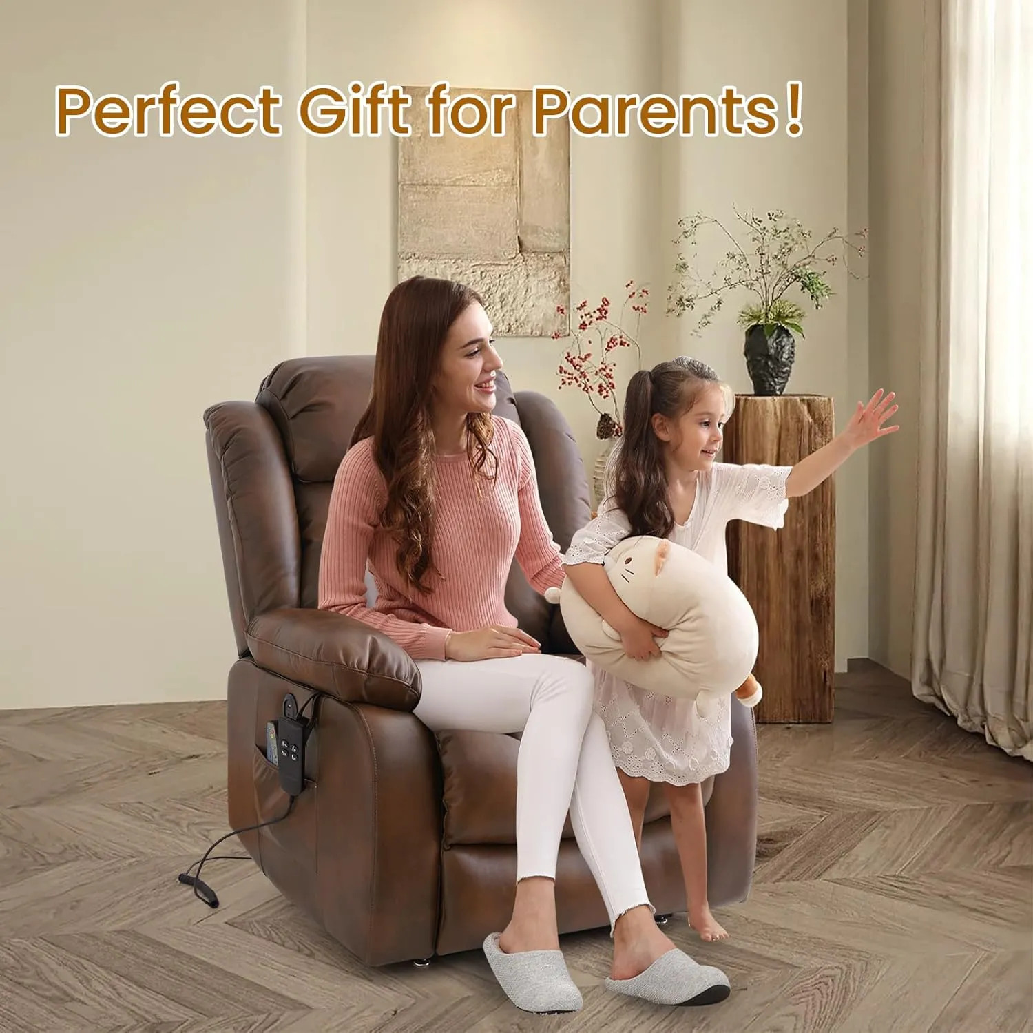 TEKAMON Power Lift Recliner Chair for Elderly with Heat & Massage, Dual Motor Breathable Leather Recliner, Lay Flat Sleeping Chairs with Infinite Position, RemoteControl & USB Ports(Ochre)