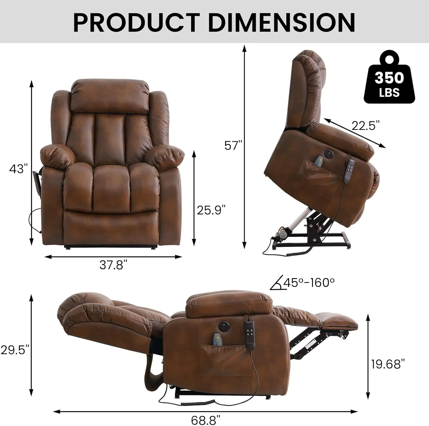 TEKAMON Power Lift Recliner Chair for Elderly with Heat & Massage, Dual Motor Breathable Leather Recliner, Lay Flat Sleeping Chairs with Infinite Position, RemoteControl & USB Ports(Ochre)