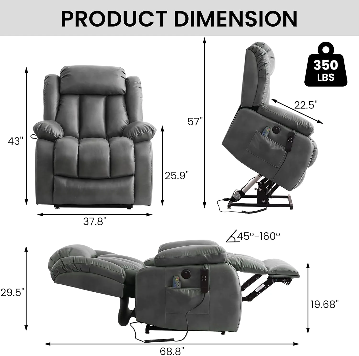 TEKAMON Power Lift Recliner Chair for Elderly with Heat & Massage, Dual Motor Breathable Leather Recliner, Lay Flat Sleeping Chairs with Infinite Position, RemoteControl & USB Ports(Silver Grey)