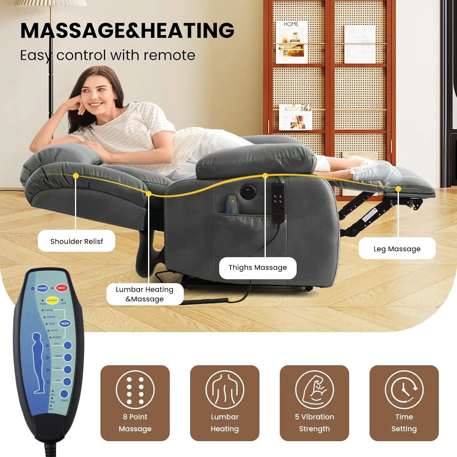 TEKAMON Power Lift Recliner Chair for Elderly with Heat & Massage, Dual Motor Breathable Leather Recliner, Lay Flat Sleeping Chairs with Infinite Position, RemoteControl & USB Ports(Silver Grey)