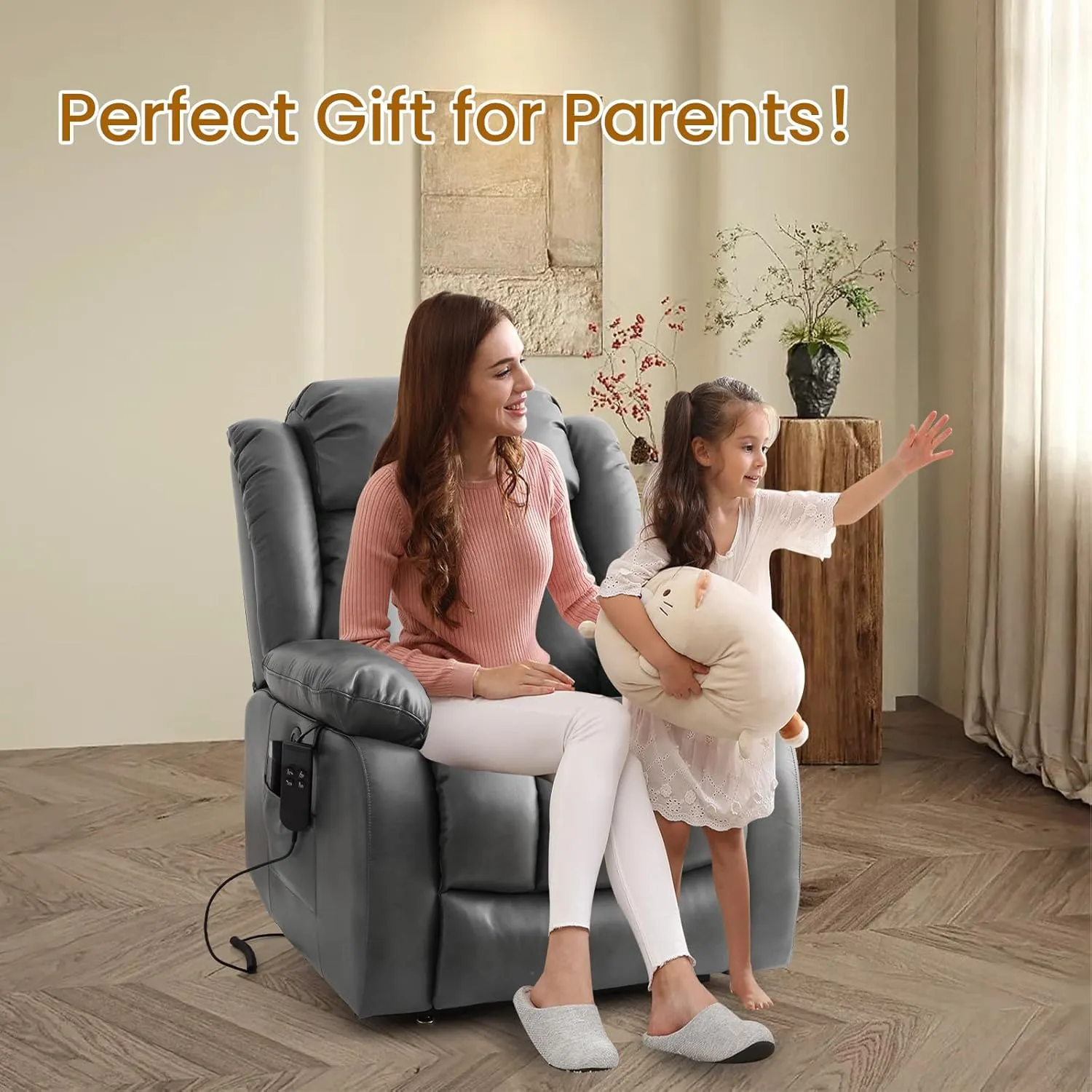 TEKAMON Power Lift Recliner Chair for Elderly with Heat & Massage, Dual Motor Breathable Leather Recliner, Lay Flat Sleeping Chairs with Infinite Position, RemoteControl & USB Ports(Silver Grey)