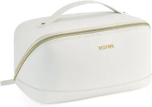 Telena Makeup Bag Large Capacity Travel Cosmetic Bag Portable PU Leather Water Resistant Makeup Organizer Bags for Women with Handle and Divider Open Flat (0-Beige)