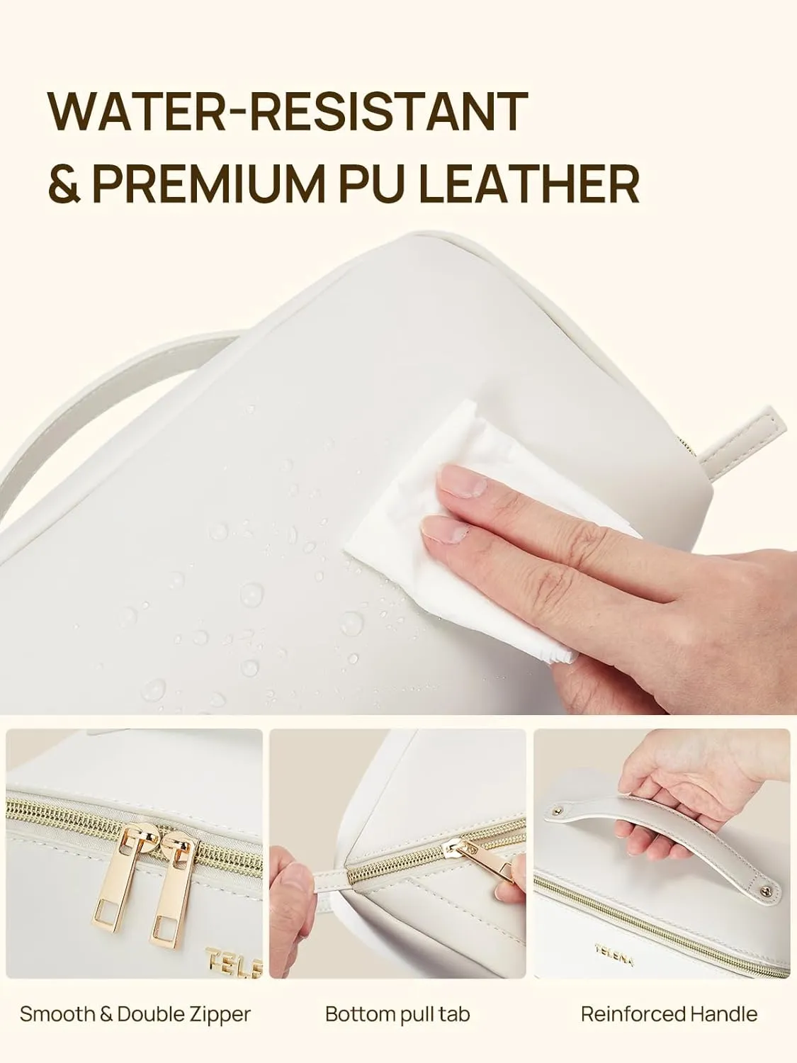 Telena Makeup Bag Large Capacity Travel Cosmetic Bag Portable PU Leather Water Resistant Makeup Organizer Bags for Women with Handle and Divider Open Flat (0-Beige)