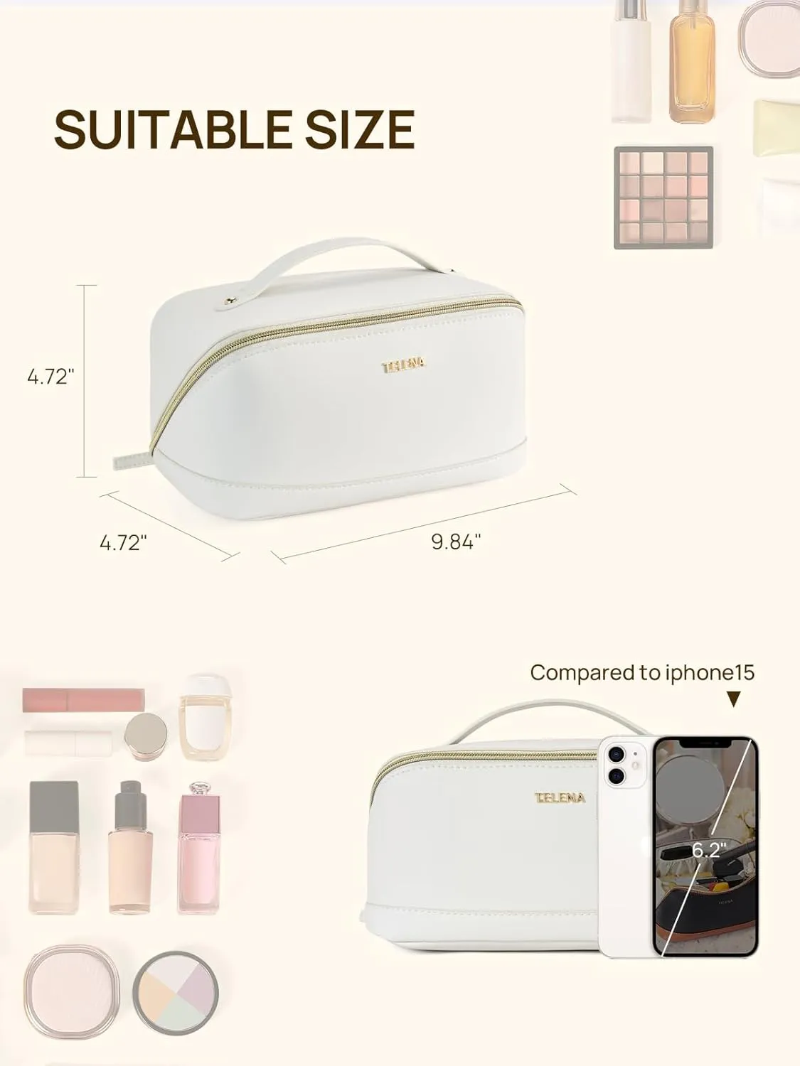 Telena Makeup Bag Large Capacity Travel Cosmetic Bag Portable PU Leather Water Resistant Makeup Organizer Bags for Women with Handle and Divider Open Flat (0-Beige)