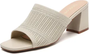 Tilocow Knit Heeled Sandals Chunky Low Block Heel Mules for Women Square Open Toe Heels Slip On Breathable Slides Sandal