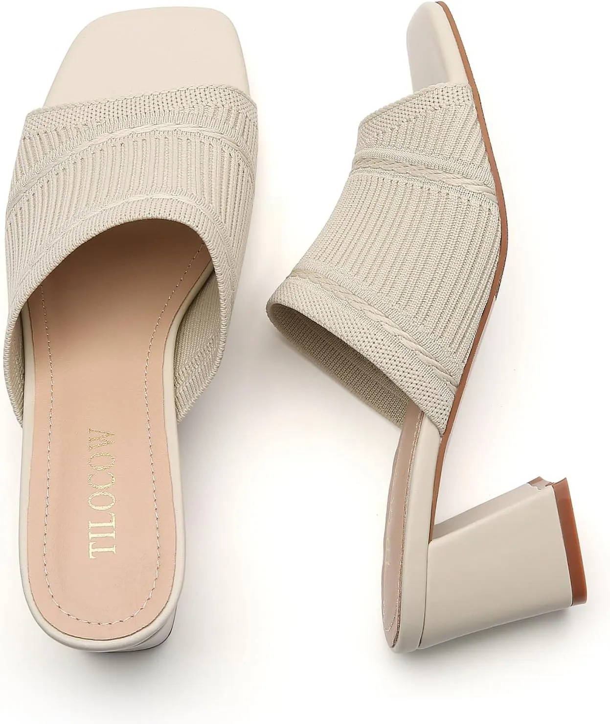 Tilocow Knit Heeled Sandals Chunky Low Block Heel Mules for Women Square Open Toe Heels Slip On Breathable Slides Sandal