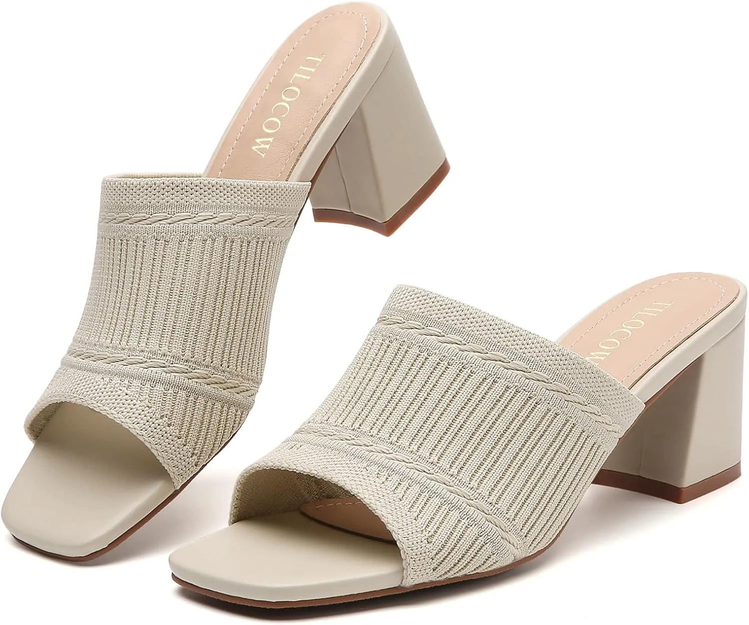 Tilocow Knit Heeled Sandals Chunky Low Block Heel Mules for Women Square Open Toe Heels Slip On Breathable Slides Sandal