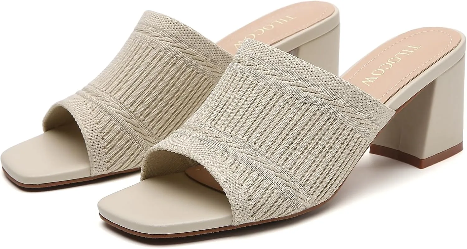 Tilocow Knit Heeled Sandals Chunky Low Block Heel Mules for Women Square Open Toe Heels Slip On Breathable Slides Sandal