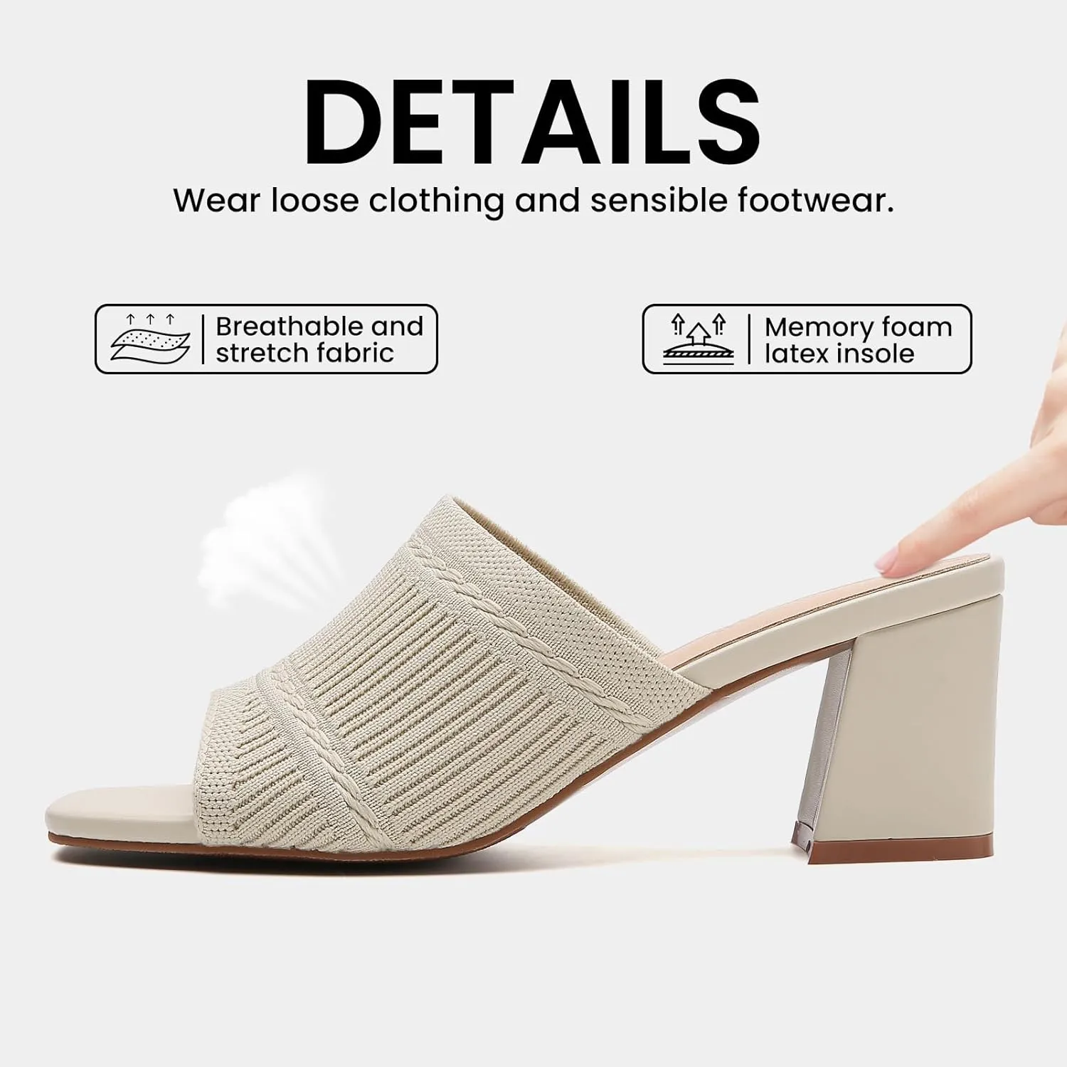 Tilocow Knit Heeled Sandals Chunky Low Block Heel Mules for Women Square Open Toe Heels Slip On Breathable Slides Sandal