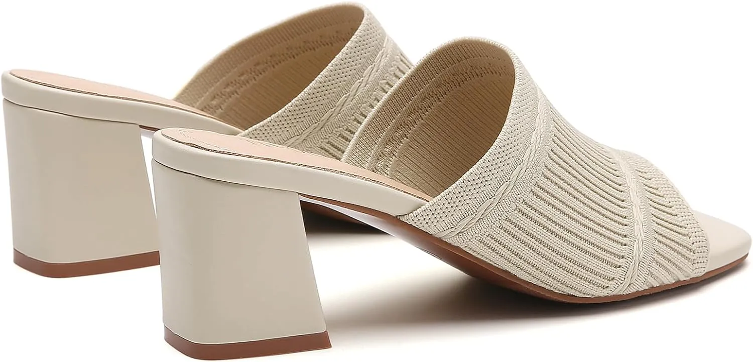 Tilocow Knit Heeled Sandals Chunky Low Block Heel Mules for Women Square Open Toe Heels Slip On Breathable Slides Sandal