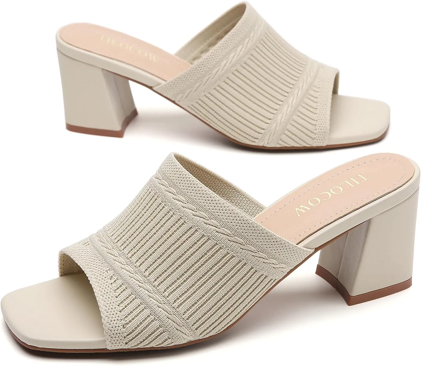 Tilocow Knit Heeled Sandals Chunky Low Block Heel Mules for Women Square Open Toe Heels Slip On Breathable Slides Sandal