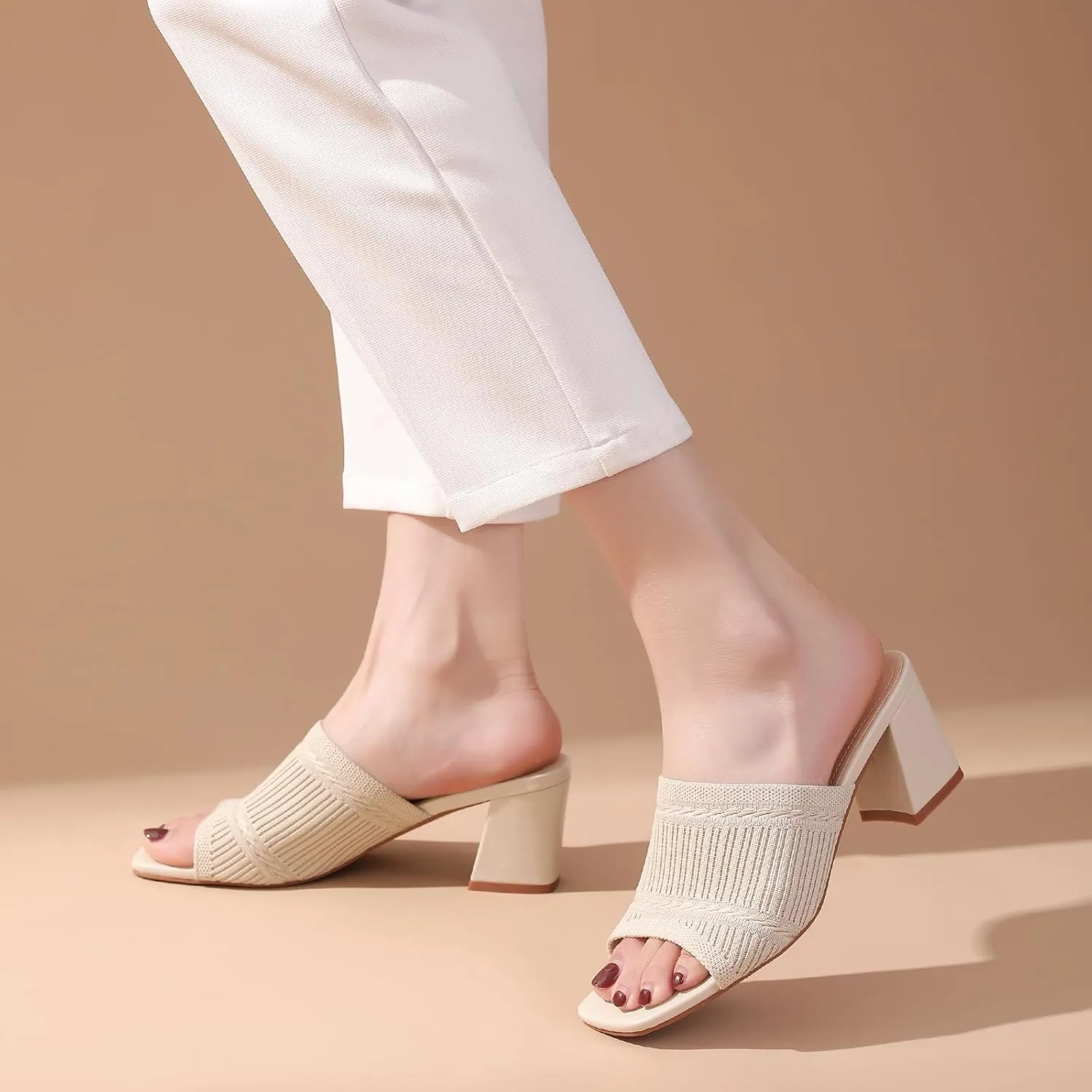 Tilocow Knit Heeled Sandals Chunky Low Block Heel Mules for Women Square Open Toe Heels Slip On Breathable Slides Sandal