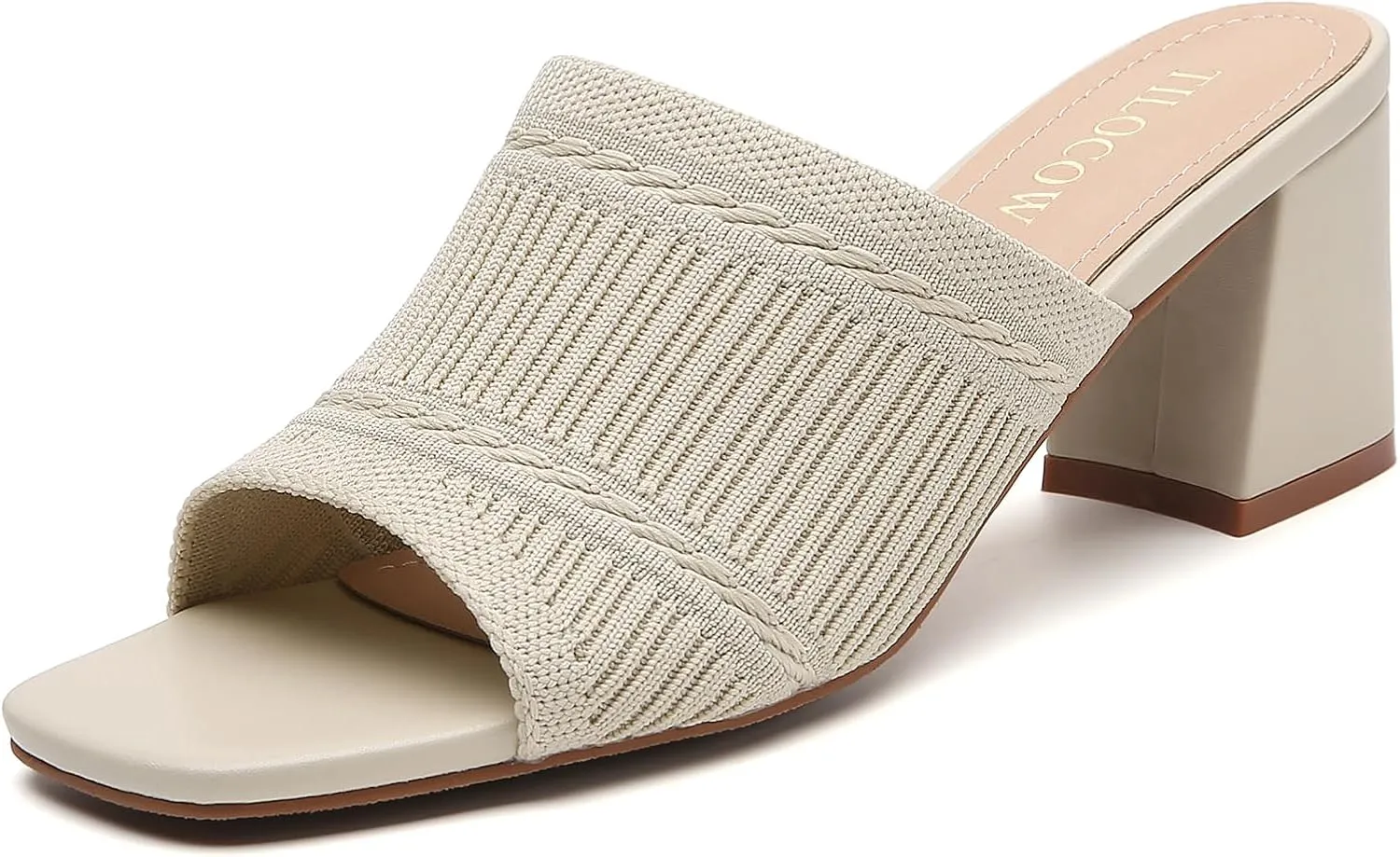 Tilocow Knit Heeled Sandals Chunky Low Block Heel Mules for Women Square Open Toe Heels Slip On Breathable Slides Sandal
