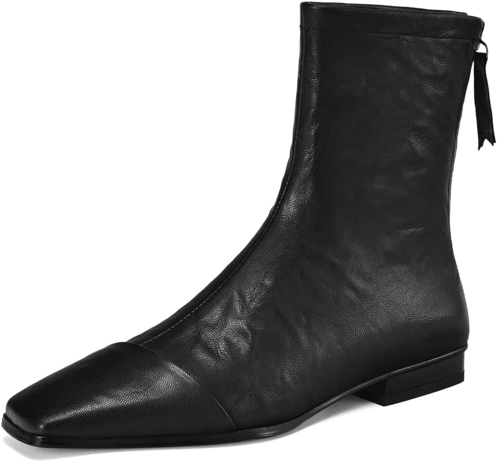 TinaCus Women's Square Toe Genuine Leather Handmade Back Zipper Comfortable Flat Booties