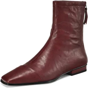 TinaCus Women's Square Toe Genuine Leather Handmade Back Zipper Comfortable Flat Booties