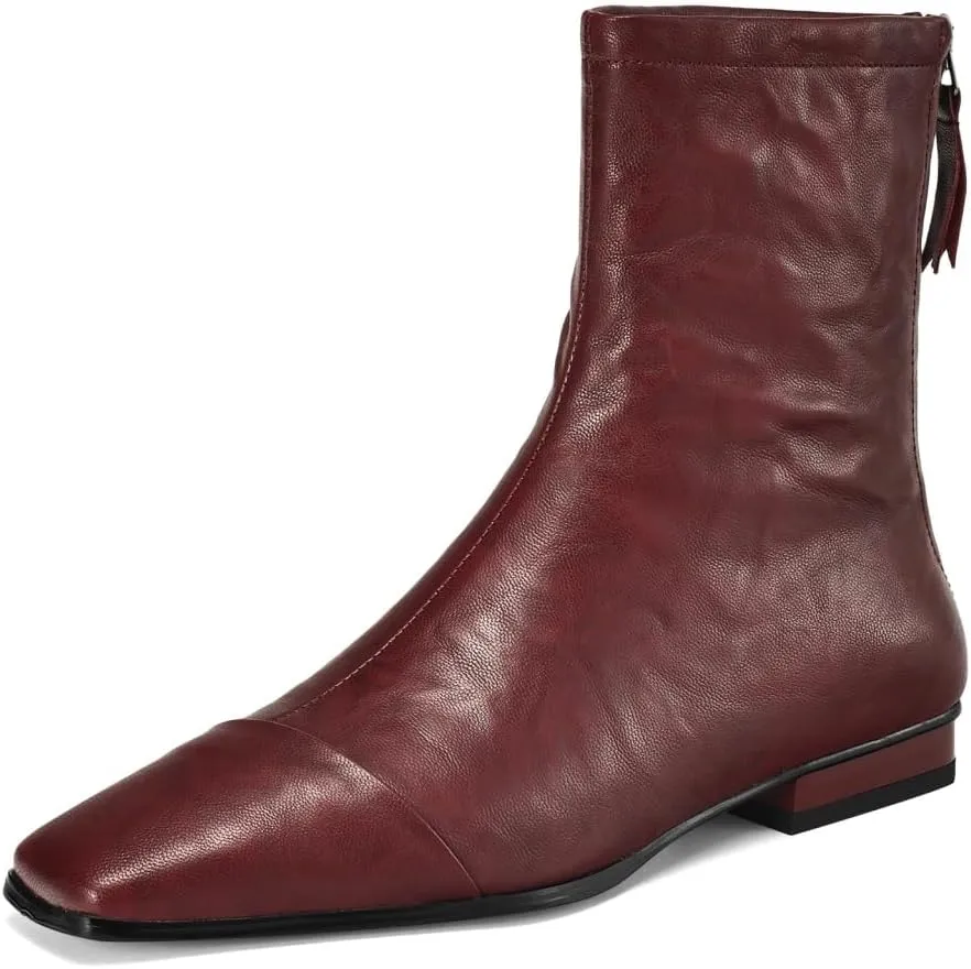 TinaCus Women's Square Toe Genuine Leather Handmade Back Zipper Comfortable Flat Booties